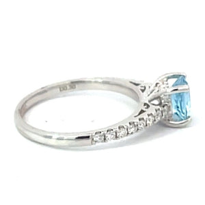 Side view of 0.90ct Round Cut Aquamarine Engagement Ring, 18k White Gold