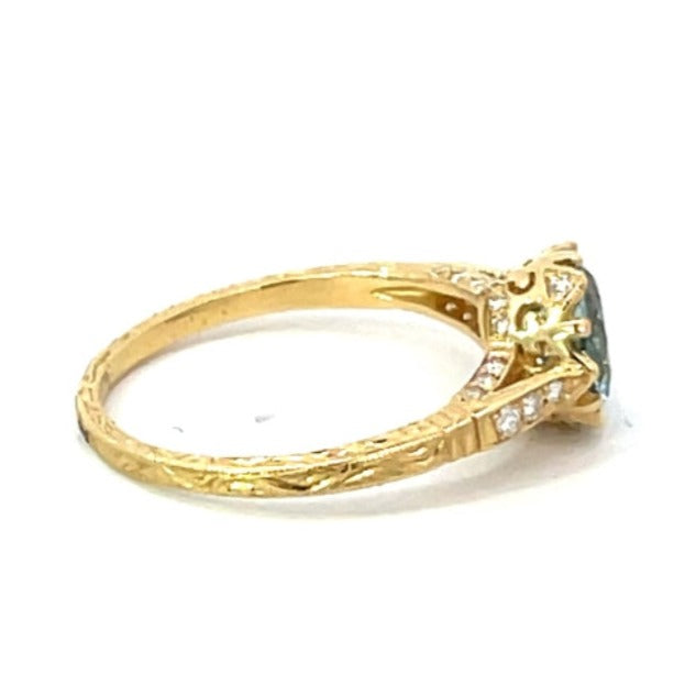 Side view of 0.90ct Round Cut Natural Aquamarine Engagement Ring, 18k Yellow Gold