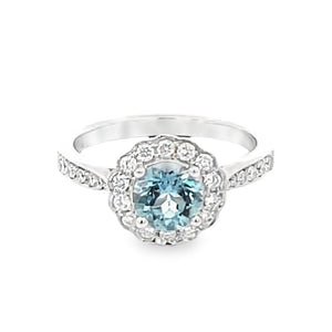 Front view of 0.75ct Round Cut Natural Aquamarine Cluster Ring, Diamond Halo, 18k White Gold