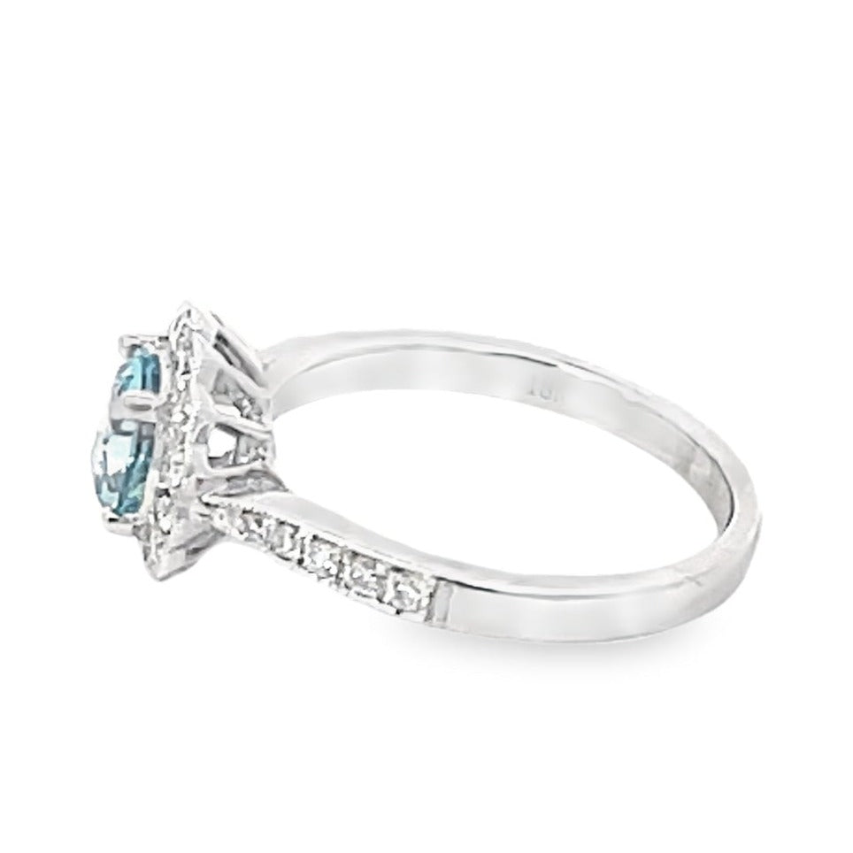 Side view of 0.75ct Round Cut Natural Aquamarine Cluster Ring, Diamond Halo, 18k White Gold