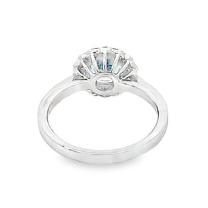 Back view of 0.75ct Round Cut Natural Aquamarine Cluster Ring, Diamond Halo, 18k White Gold