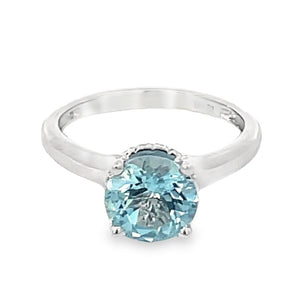 Front view of 1.62ct Round Cut Natural Aquamarine Solitaire Ring, 18k White Gold