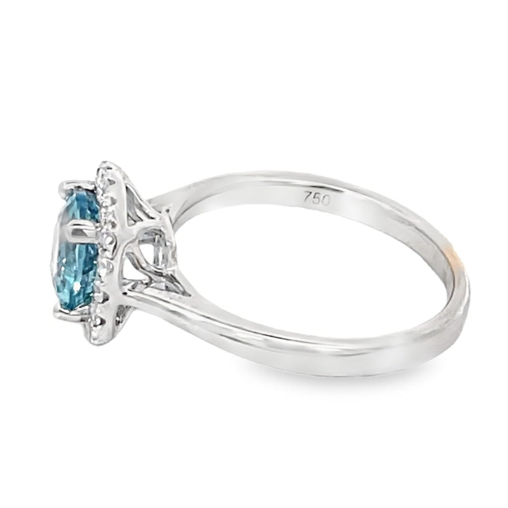 Side view of 1.17ct Round Cut Natural Aquamarine Engagement Ring, Diamond Halo, 18k White Gold