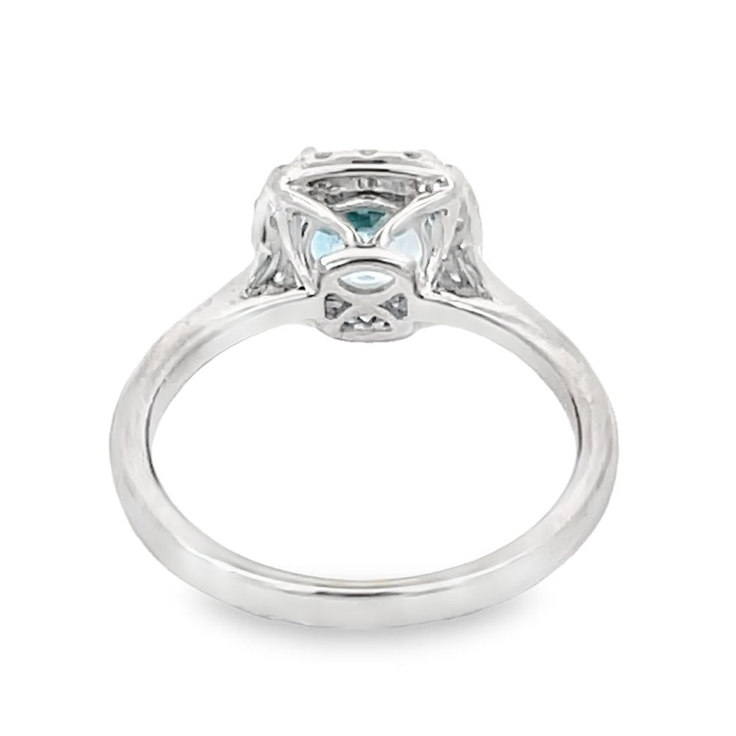 Back view of 1.17ct Round Cut Natural Aquamarine Engagement Ring, Diamond Halo, 18k White Gold