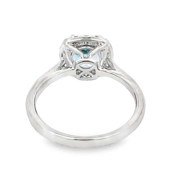 Front view of 1.17ct Round Cut Natural Aquamarine Engagement Ring, Diamond Halo, 18k White Gold