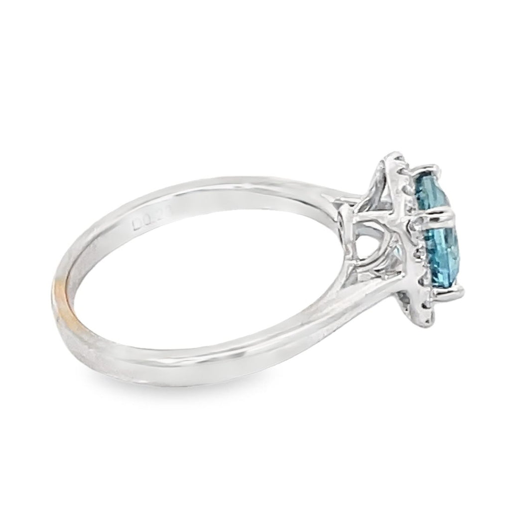 Side view of 1.17ct Round Cut Natural Aquamarine Engagement Ring, Diamond Halo, 18k White Gold