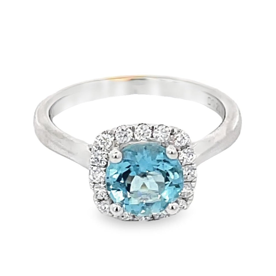 Front view of 1.17ct Round Cut Natural Aquamarine Engagement Ring, Diamond Halo, 18k White Gold