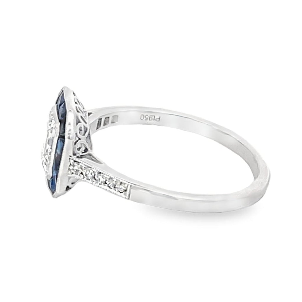 Side view of GIA 1.01ct Asscher Cut Diamond Engagement Ring, H Color, Sapphire Halo, Platinum