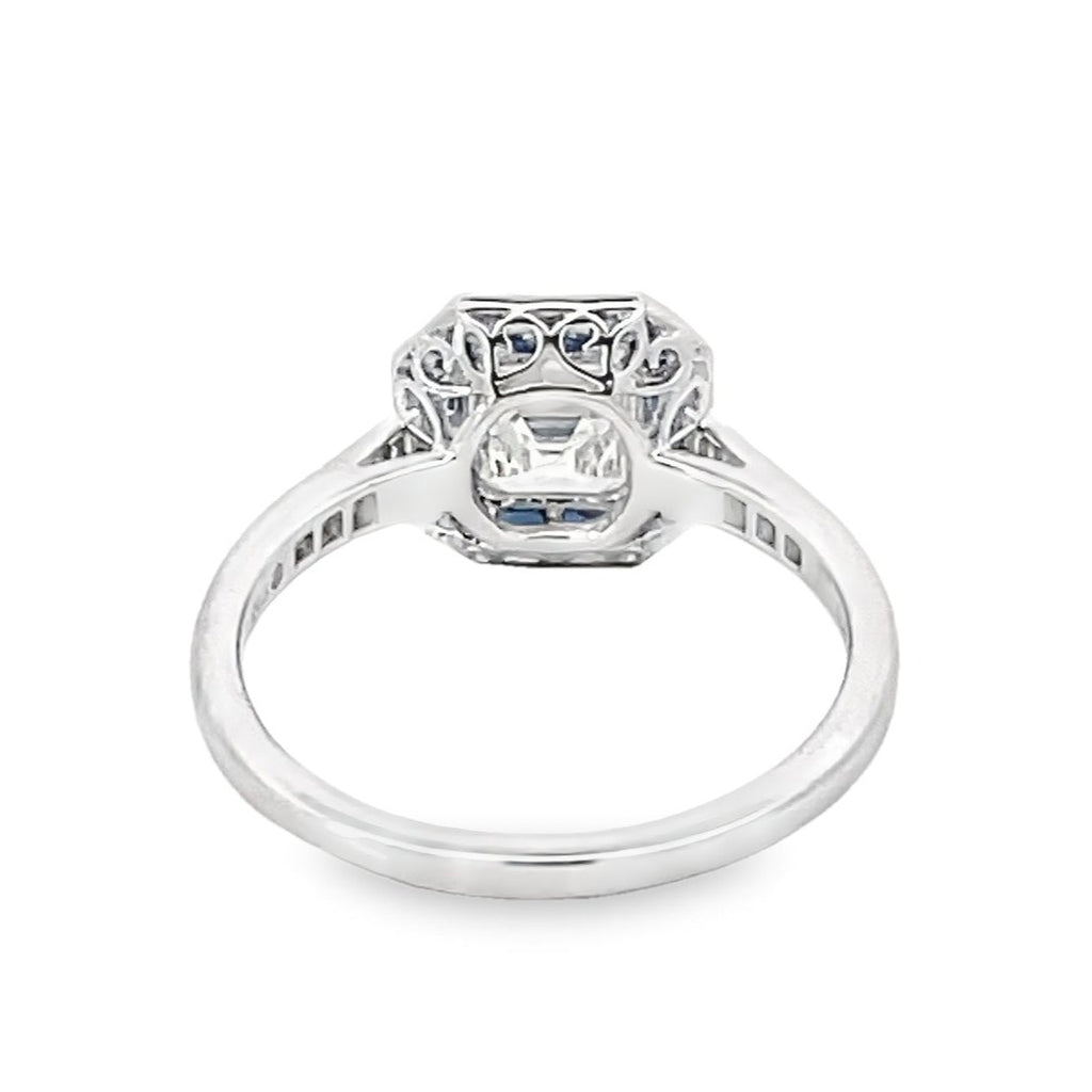 Back view of GIA 1.01ct Asscher Cut Diamond Engagement Ring, H Color, Sapphire Halo, Platinum