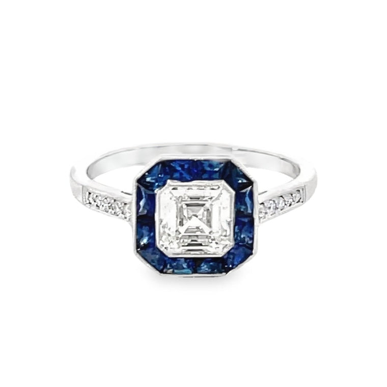 Front view of GIA 1.01ct Asscher Cut Diamond Engagement Ring, H Color, Sapphire Halo, Platinum