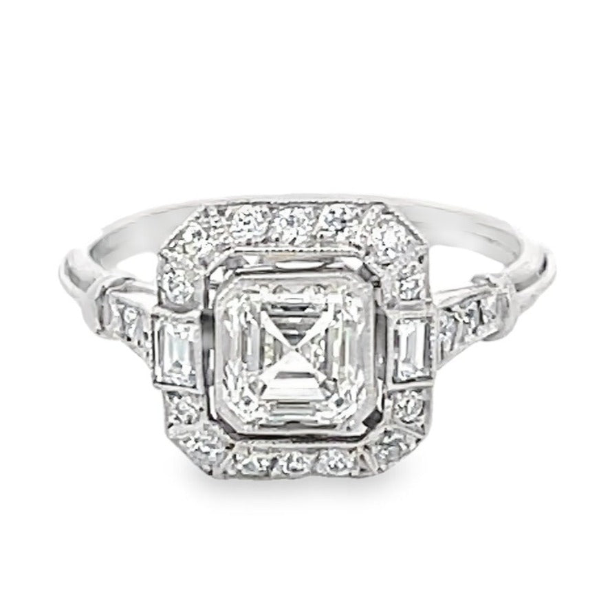 Front view of GIA 0.89ct Asscher Cut Diamond Engagement Ring, Diamond Halo, Platinum