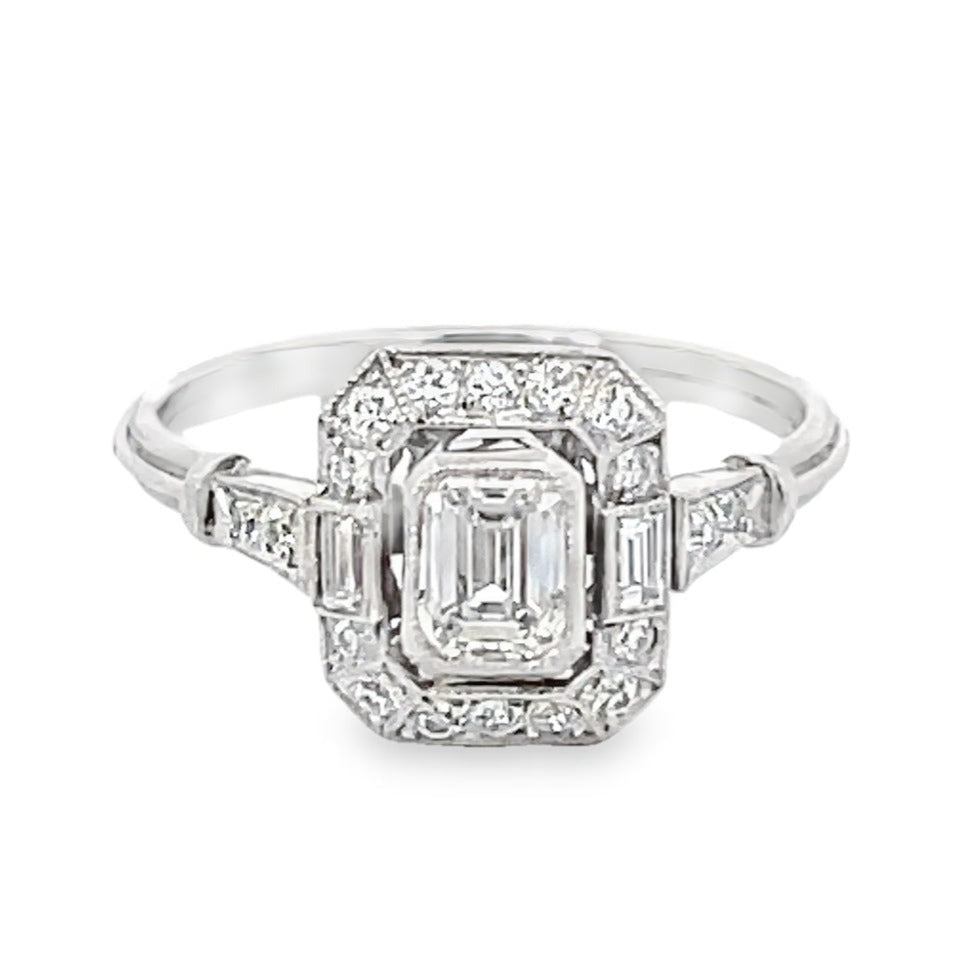 Front view of GIA 0.50ct Emerald Cut Diamond Engagement Ring, Diamond Halo, Platinum