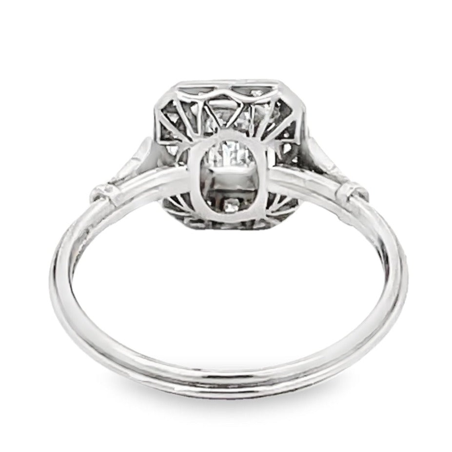 Back view of GIA 0.50ct Emerald Cut Diamond Engagement Ring, Diamond Halo, Platinum