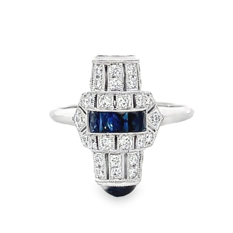 Front view of Barrel Shaped 0.63ct Diamond and 0.47ct Sapphire Cocktail Ring, Platinum