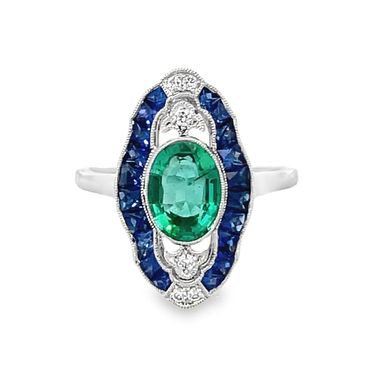 Front view of 1.03ct Oval Cut Natural Emerald Cocktail Ring