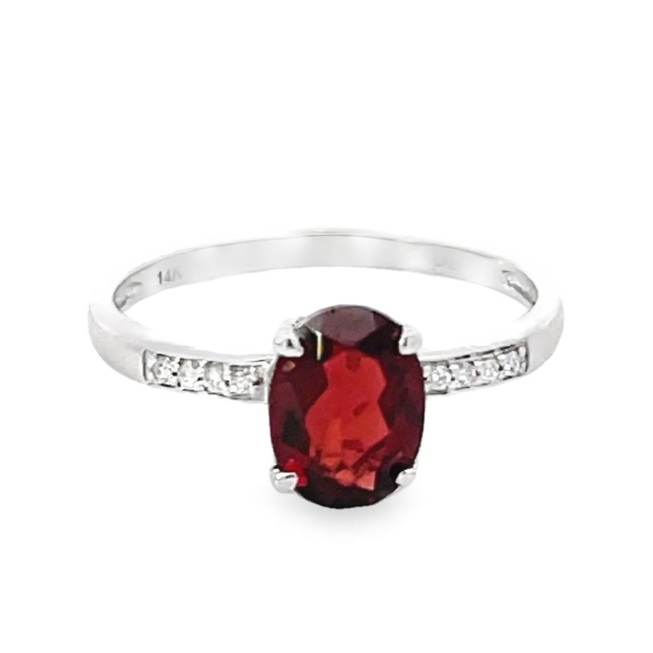 Front view of 1.67ct Oval Cut Garnet Engagement Ring, 14k White Gold