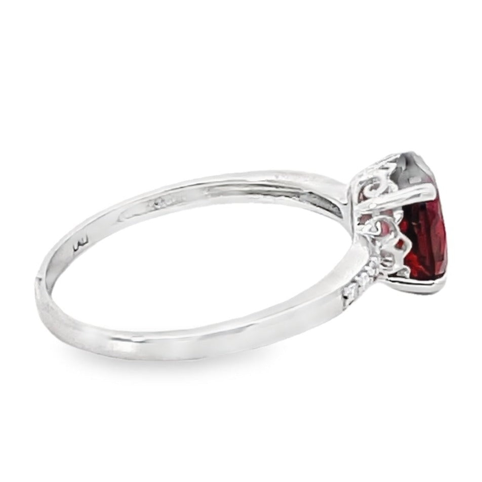 Side view of 1.67ct Oval Cut Garnet Engagement Ring, 14k White Gold