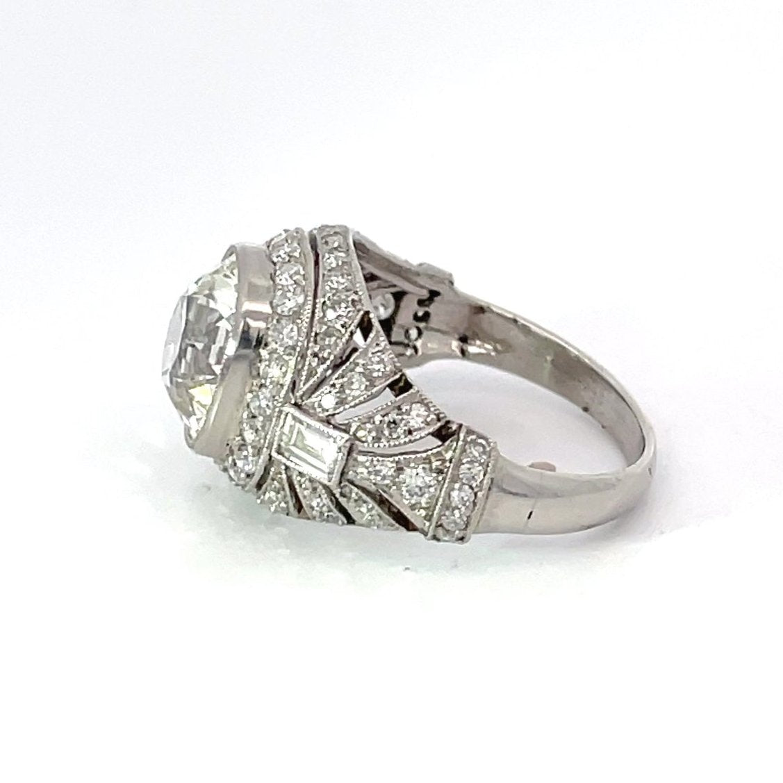 Side view of 3.43ct Antique Cushion Cut Diamond Engagement Ring, Diamond Halo, Platinum