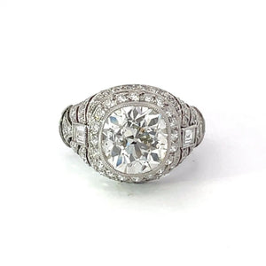 Front view of 3.43ct Antique Cushion Cut Diamond Engagement Ring, Diamond Halo, Platinum