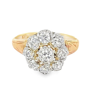 Front view of Antique 1.10ct Old Mine Cut Diamond Cluster Ring, Platinum & 14k Yellow Gold