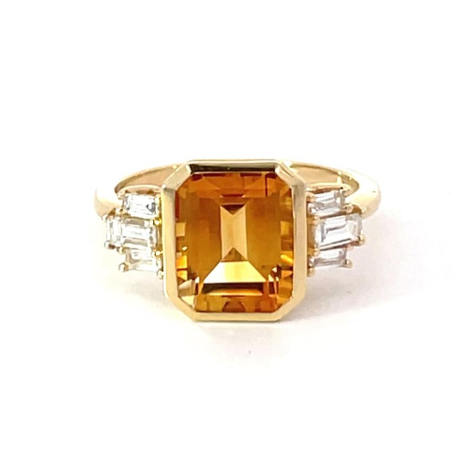 Front view of 3.30ct Emerald Cut Natural Citrine Cocktail Ring, 18k Yellow Gold