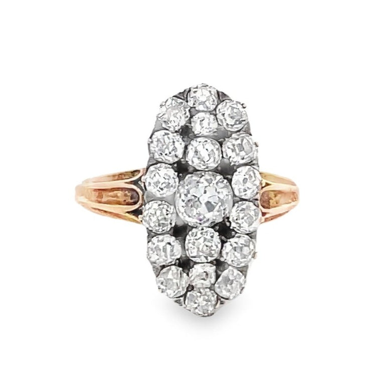 Front view of Antique 0.45ct Old European Cut Diamond Cluster Ring, Silver & 18k Yellow Gold