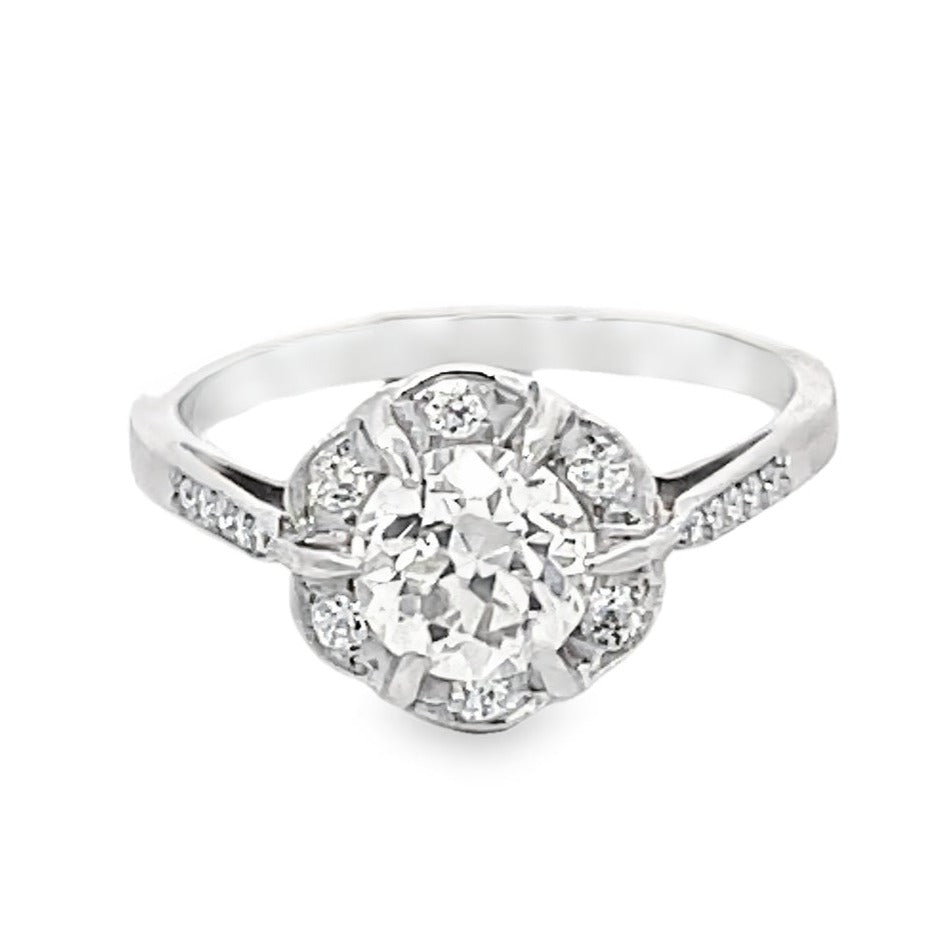 Front view of 0.90ct Old European Cut Diamond Cluster Engagement Ring, Platinum