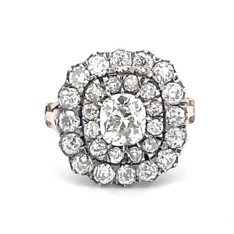 Front view of Antique 0.91ct Antique Cushion Cut Diamond Cluster Ring