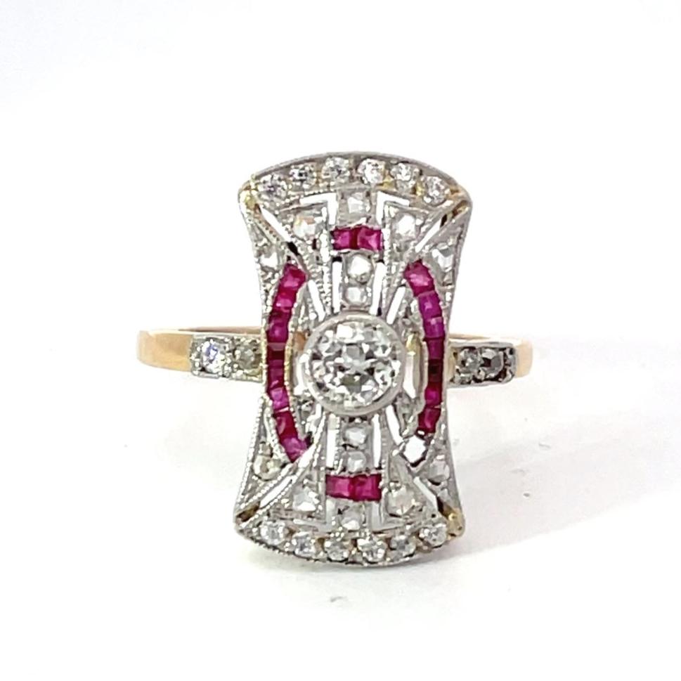 Front view of Antique 0.25ct Old European Cut Diamond Cocktail Ring, Platinum & 18k Yellow Gold