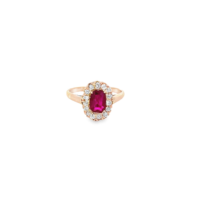 Antique 0.65ct Cushion Cut Red Ruby Engagement Ring, Diamond Halo, 18k Yellow Gold