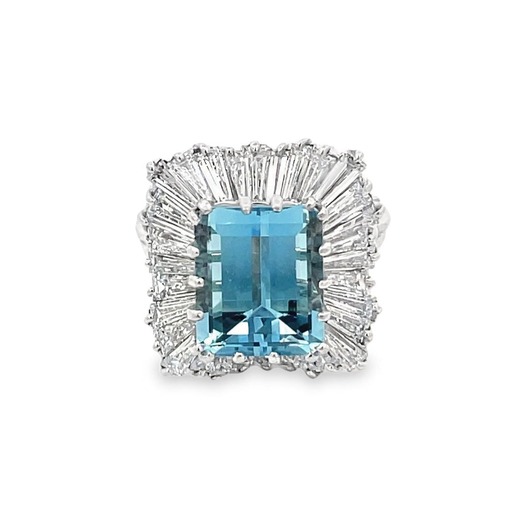 Front view of Vintage 4.34ct Emerald Cut Aquamarine Cocktail Ring