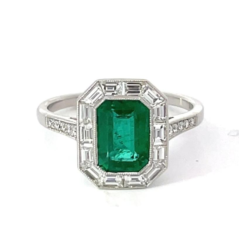 Front view of 1.54ct Emerald Cut Natural Green Emerald Engagement Ring, Diamond Halo, Platinum