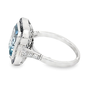 Side view of 3.40ct Emerald Cut Natural Aquamarine Cocktail Ring, Diamond & Sapphire Halo, Platinum