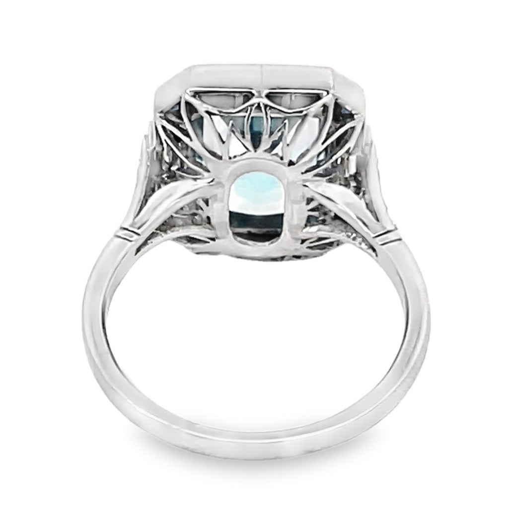 Back view of 3.40ct Emerald Cut Natural Aquamarine Cocktail Ring, Diamond & Sapphire Halo, Platinum