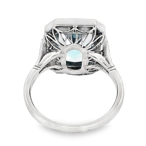 Back view of 3.40ct Emerald Cut Natural Aquamarine Cocktail Ring, Diamond & Sapphire Halo, Platinum