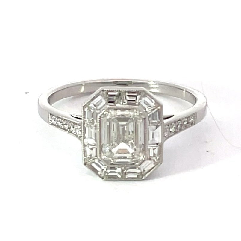 Front view of GIA 1.00ct Emerald Cut Diamond Engagement Ring, Diamond Halo, Platinum