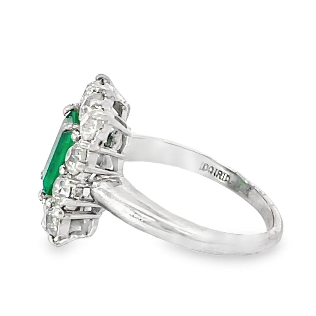 Side view of Antique 1.25ct Emerald Cut Natural Colombian Emerald Engagement Ring, Platinum