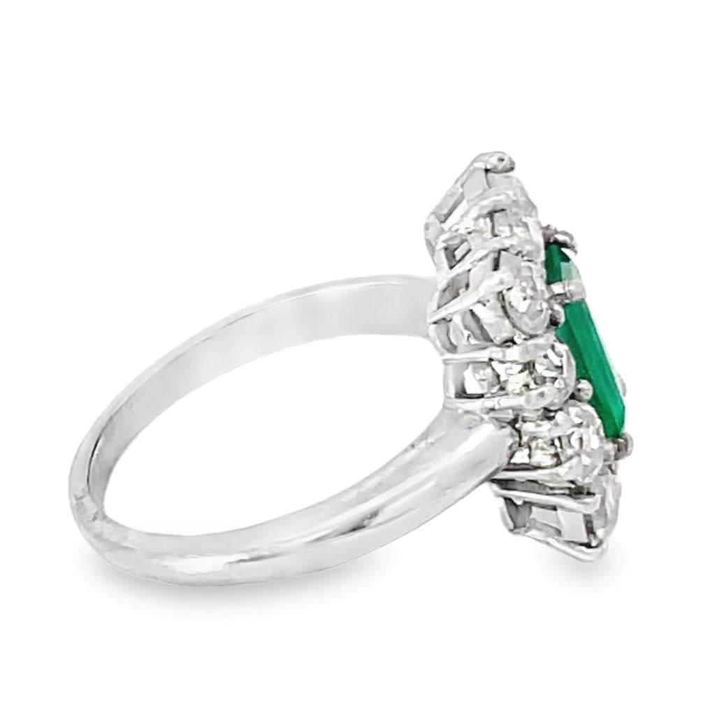 Side view of Antique 1.25ct Emerald Cut Natural Colombian Emerald Engagement Ring, Platinum