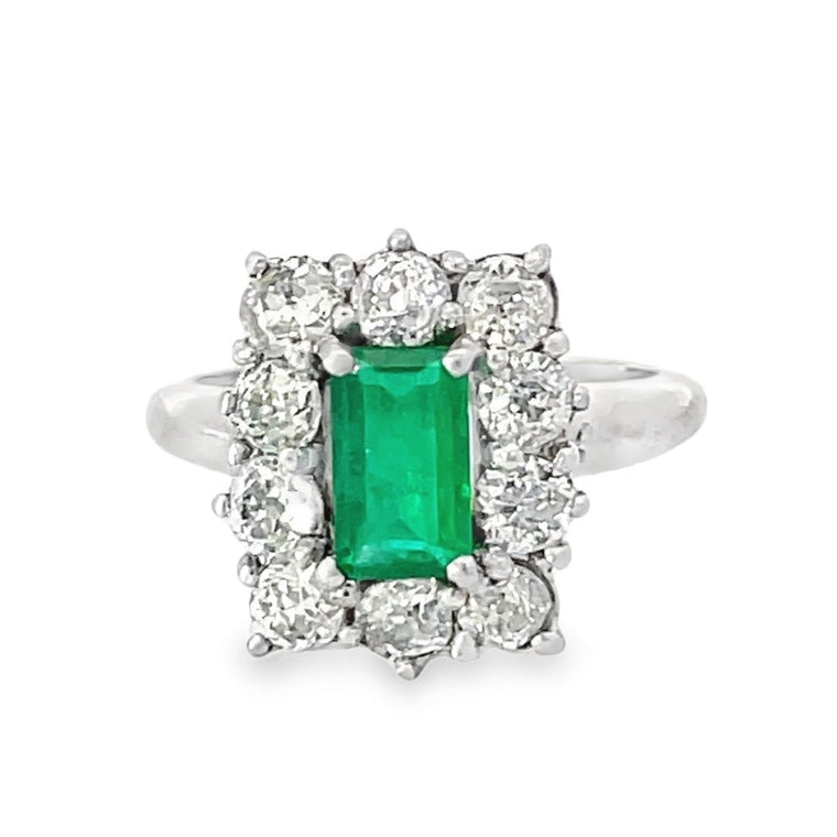 Front view of Antique 1.25ct Emerald Cut Natural Colombian Emerald Engagement Ring, Platinum