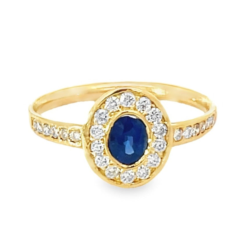 Front view of Vintage 0.40ct Oval Cut Sapphire Engagement Ring, Diamond Halo, 18k Yellow Gold