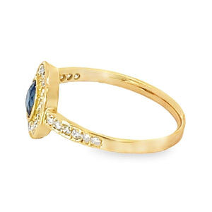 Side view of Vintage 0.40ct Oval Cut Sapphire Engagement Ring, Diamond Halo, 18k Yellow Gold