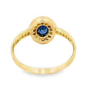 Back view of Vintage 0.40ct Oval Cut Sapphire Engagement Ring, Diamond Halo, 18k Yellow Gold