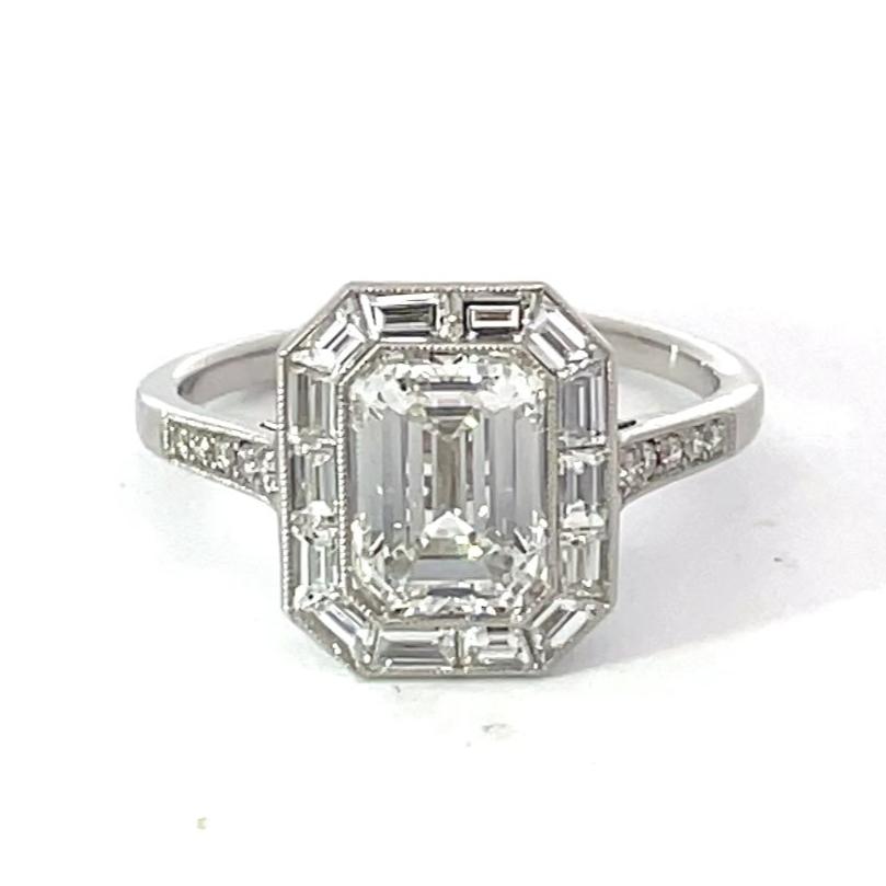 Front view of GIA 1.80ct Emerald Cut Diamond Engagement Ring, H Color, Diamond Halo, Platinum