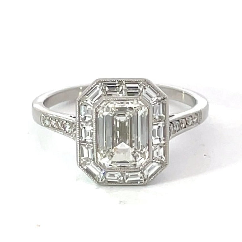 Front view of GIA 1.51ct Emerald Cut Diamond Engagement Ring, Diamond Halo, Platinum