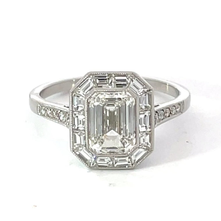 Front view of GIA 1.51ct Emerald Cut Diamond Engagement Ring, Diamond Halo, Platinum