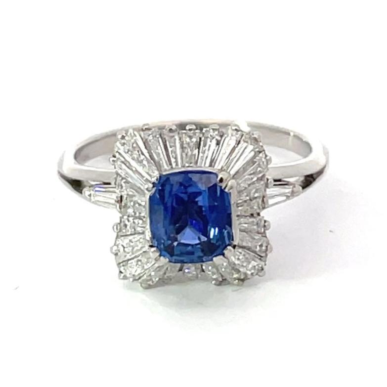 Front view of Vintage 1.06ct Cushion Cut Sapphire Engagement Ring, Diamond Halo, Platinum