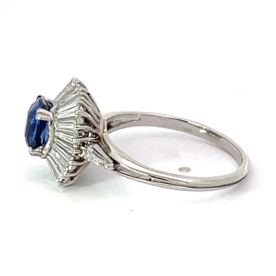 Side view of Vintage 1.06ct Cushion Cut Sapphire Engagement Ring, Diamond Halo, Platinum