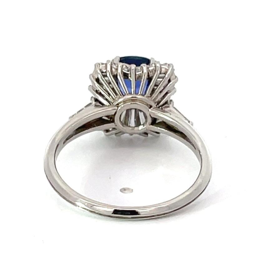 Back view of Vintage 1.06ct Cushion Cut Sapphire Engagement Ring, Diamond Halo, Platinum