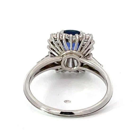 Front view of Vintage 1.06ct Cushion Cut Sapphire Engagement Ring, Diamond Halo, Platinum