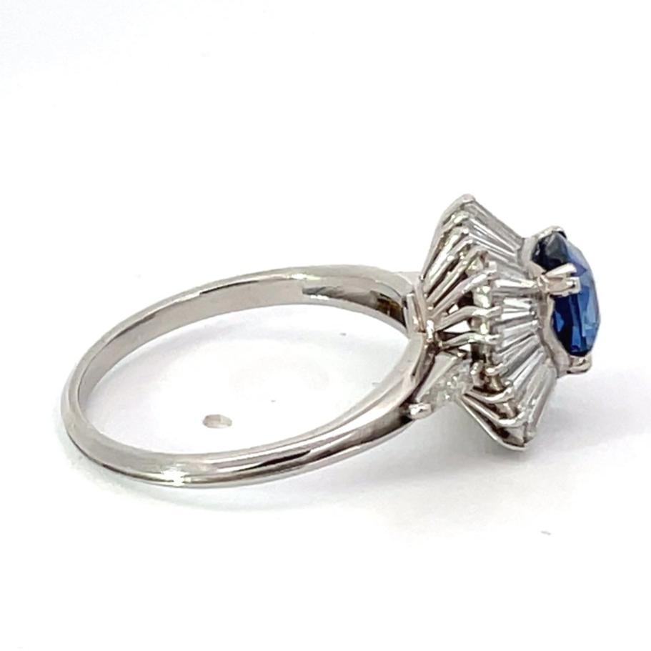 Side view of Vintage 1.06ct Cushion Cut Sapphire Engagement Ring, Diamond Halo, Platinum